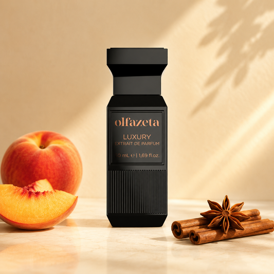 Olfazeta Parfüm No. 134 mit Pfirsich, Gewürzen und Likör-Akzenten in heller Produktinszenierung