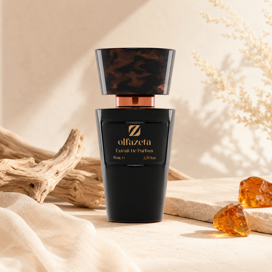 Olfazeta Parfüm No. 135 mit Holz und Amber in heller Produktinszenierung