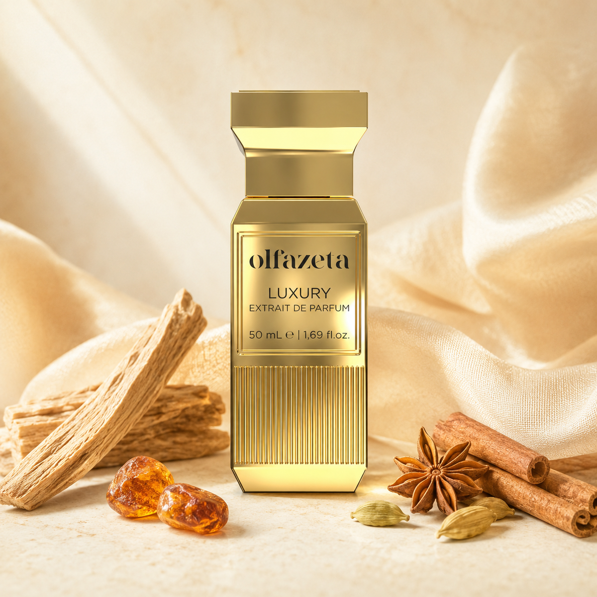Olfazeta Parfüm No. 141 mit Holz, Amber und Sternanis in heller Produktinszenierung