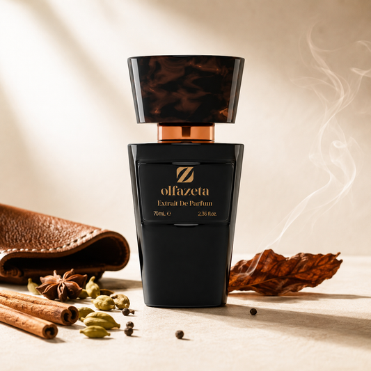 Olfazeta Parfüm No. 142 mit Leder, Tabak, Gewürzen und dezentem Rauch in heller Produktinszenierung