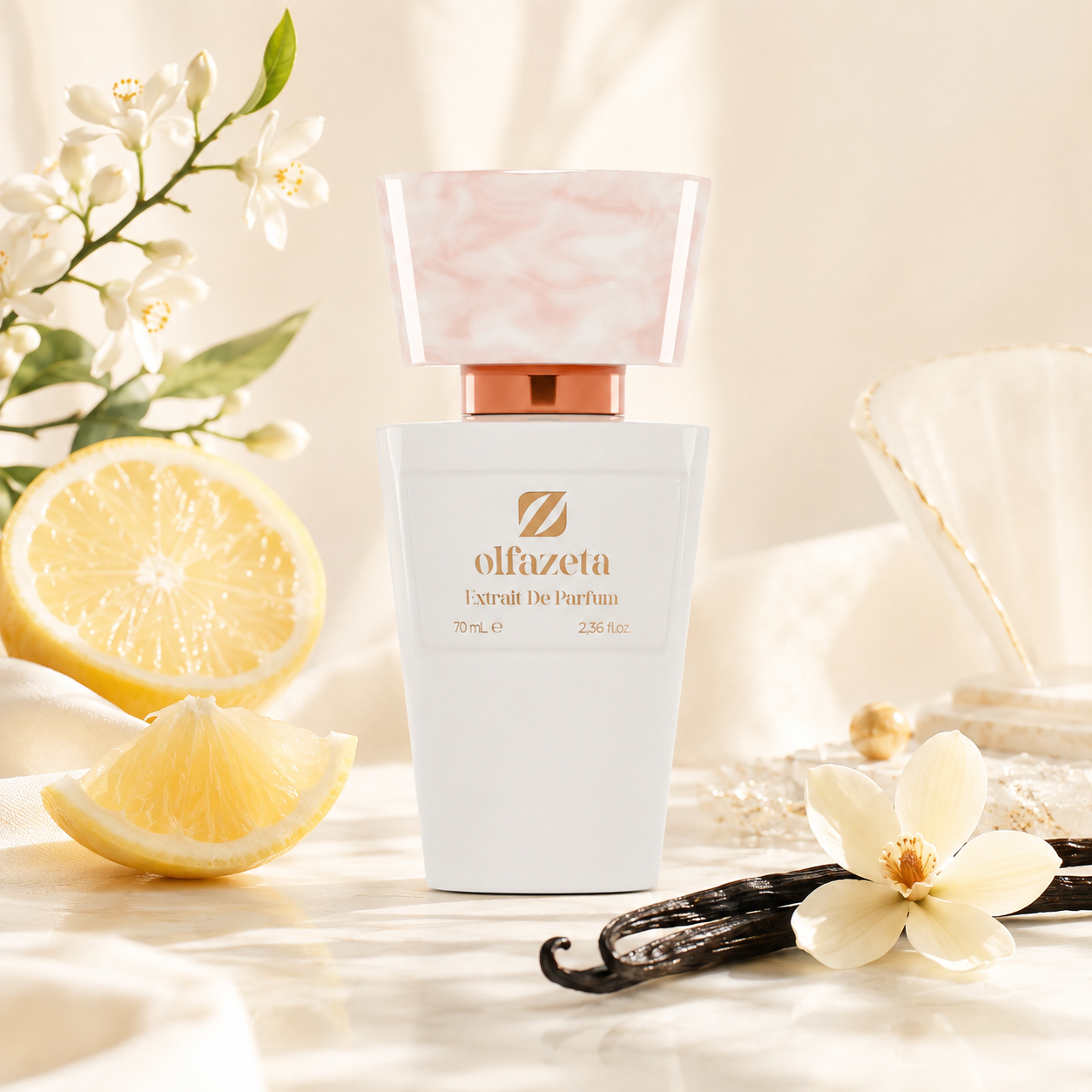Olfazeta Parfüm No. 145 mit Zitrone, Vanille und weißen Blüten in heller Produktinszenierung