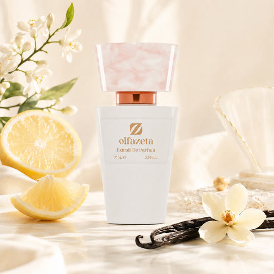 Olfazeta Parfüm No. 145 mit Zitrone, Vanille und weißen Blüten in heller Produktinszenierung