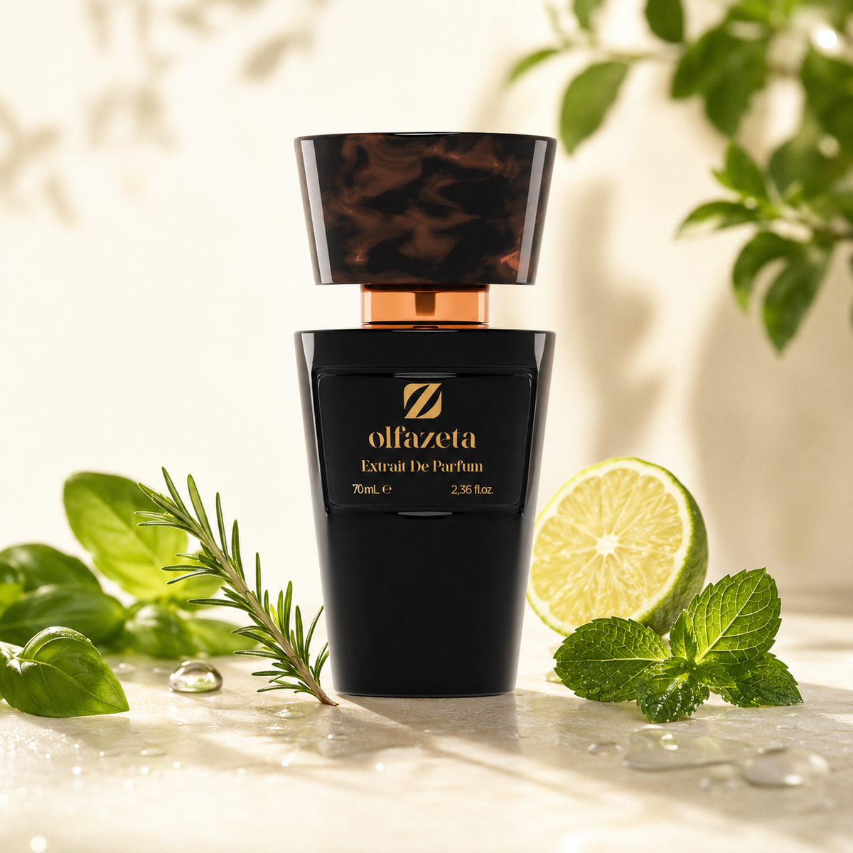 Olfazeta Parfüm No. 150 mit Limette, Minze und grünen Kräutern in heller Produktinszenierung