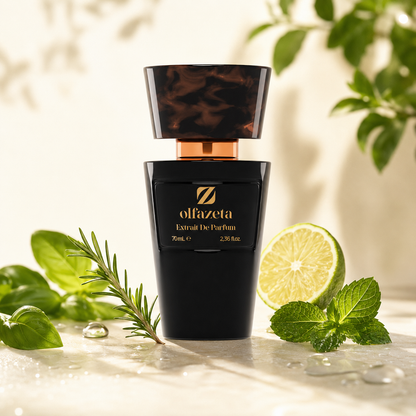 Olfazeta Parfüm No. 150 mit Limette, Minze und grünen Kräutern in heller Produktinszenierung
