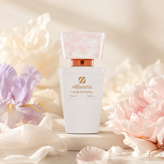 Olfazeta Parfüm No. 154 mit pastellfarbenen Blüten in heller Produktinszenierung