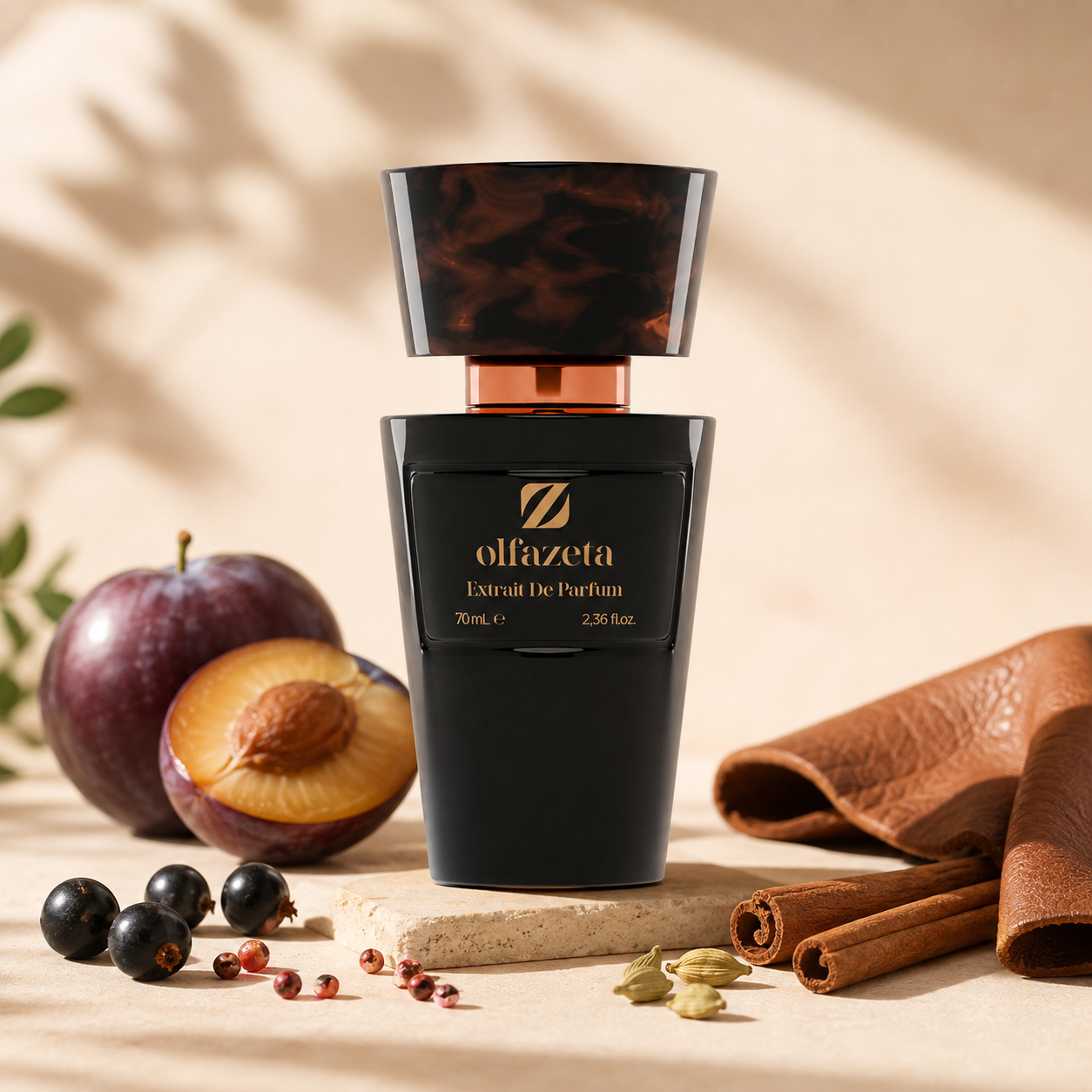 Olfazeta Parfüm No. 157 mit Pflaume, dunklen Beeren, Leder und Gewürzen in heller Produktinszenierung