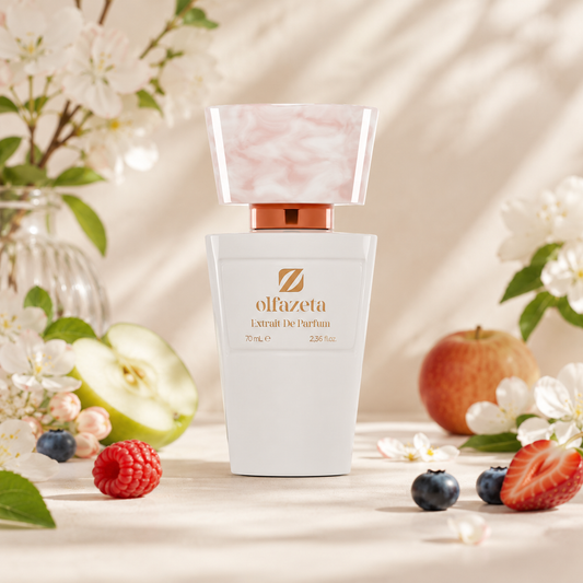 Olfazeta Parfüm No. 158 mit Beeren, Früchten und weißen Blüten in heller Produktinszenierung
