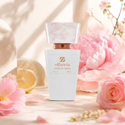 Olfazeta Parfüm No. 159 mit Zitrone und rosa Rosen in heller Produktinszenierung