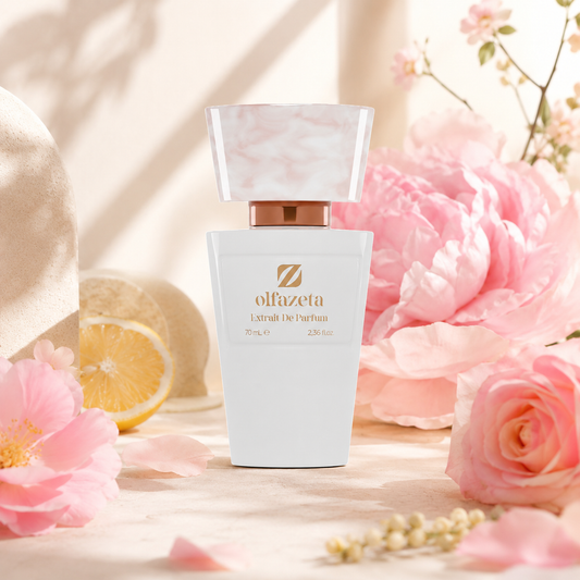 Olfazeta Parfüm No. 159 mit Zitrone und rosa Rosen in heller Produktinszenierung