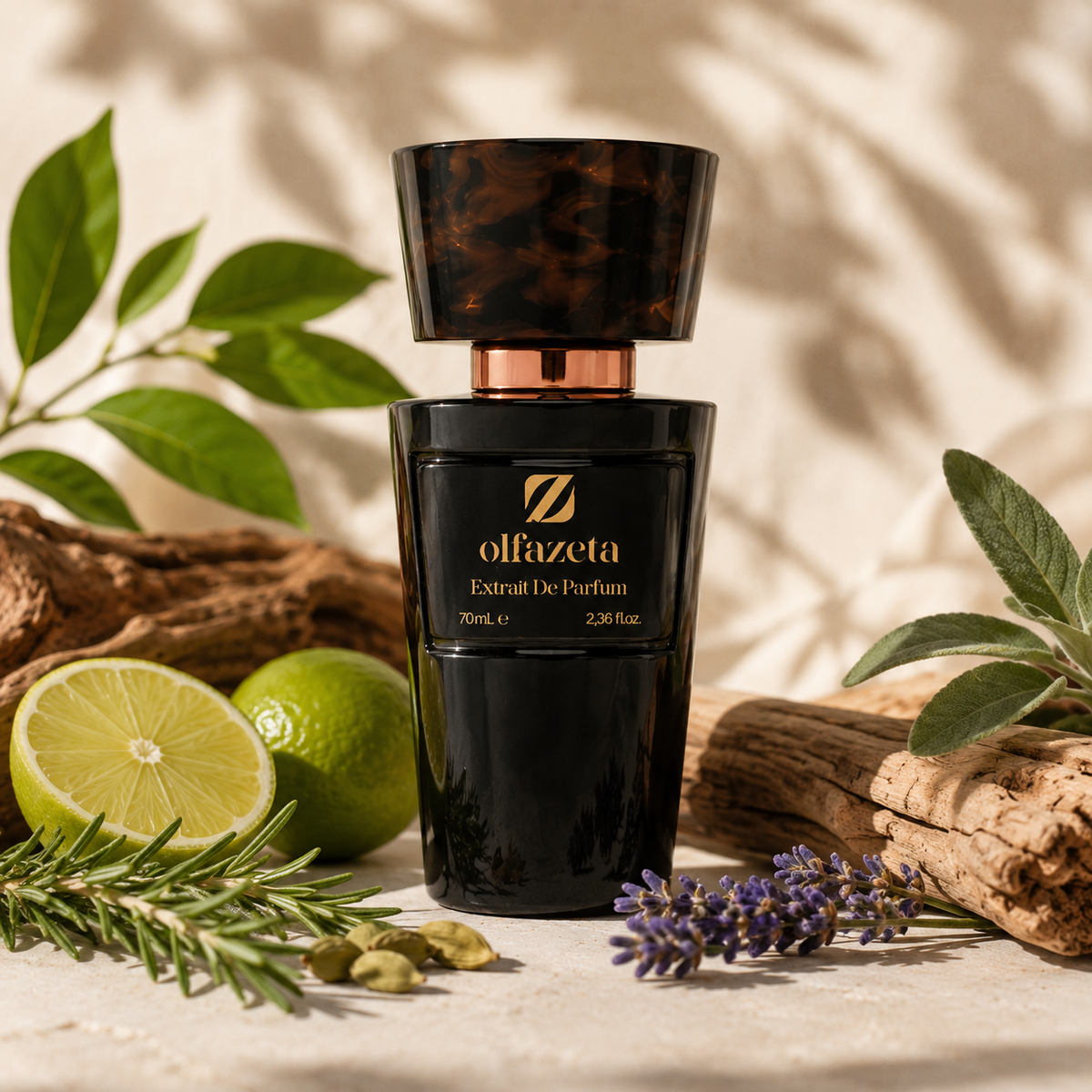 Olfazeta Parfüm No. 160 mit Limette, Lavendel und Holz in heller Produktinszenierung