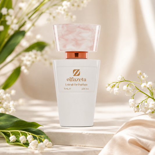 Olfazeta Parfüm No. 161 mit Maiglöckchen und weißen Blüten in heller Produktinszenierung