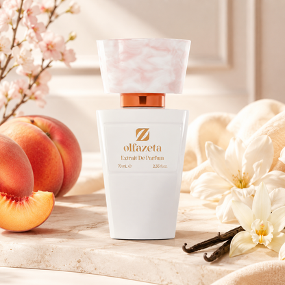 Olfazeta Parfüm No. 163 mit Pfirsich, Vanille und Blüten in heller Produktinszenierung